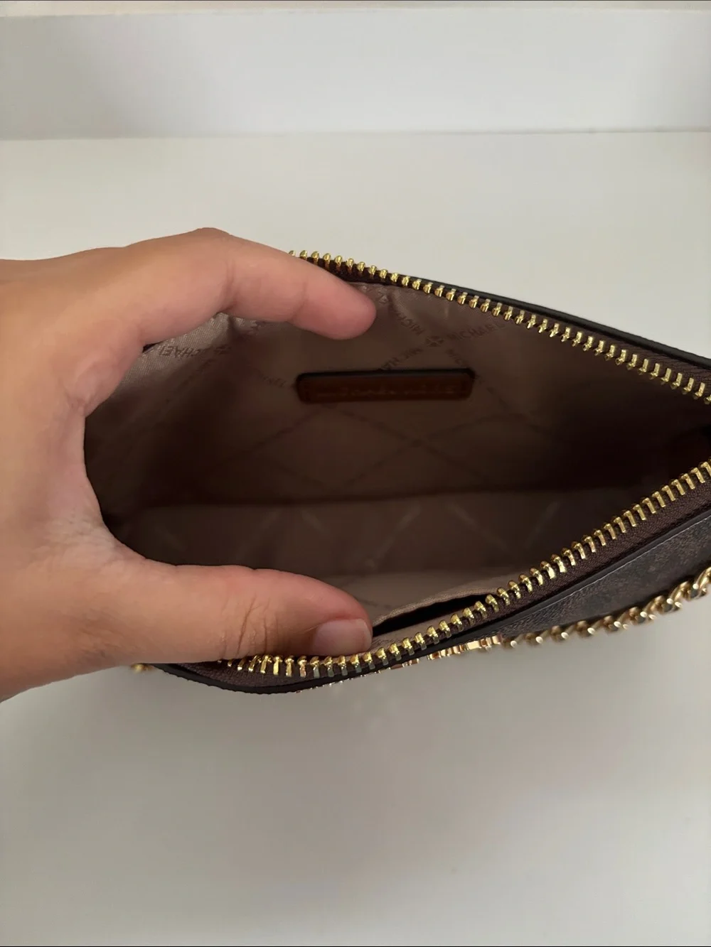 Michael Kors Brown Logo Chain Belt Bag with Gold Hardware